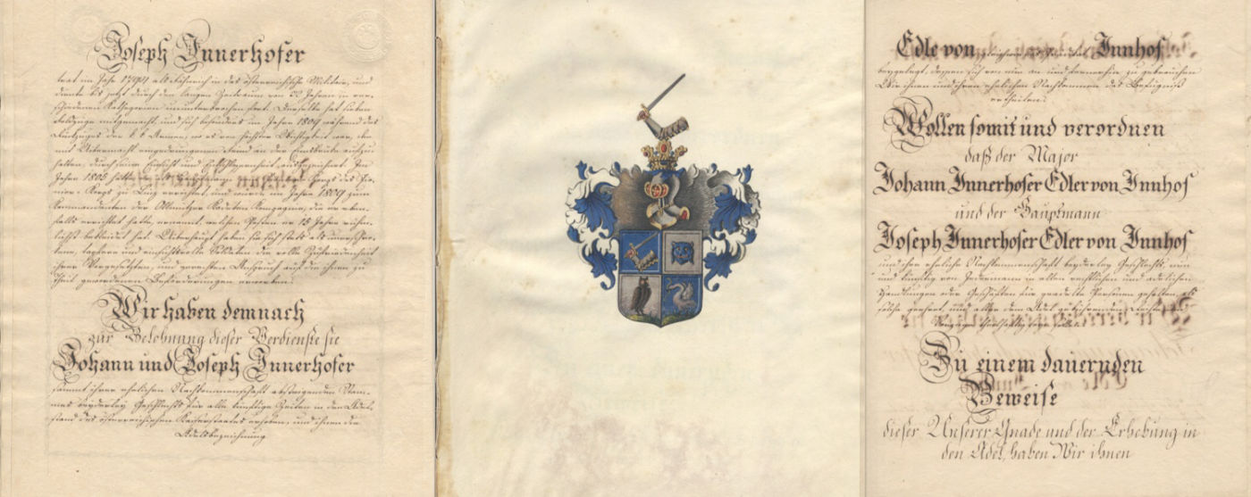 Wappen- und Adelsbrief für Joseph und Johann Innerhofer aus Tirol mit dem Prädikat 